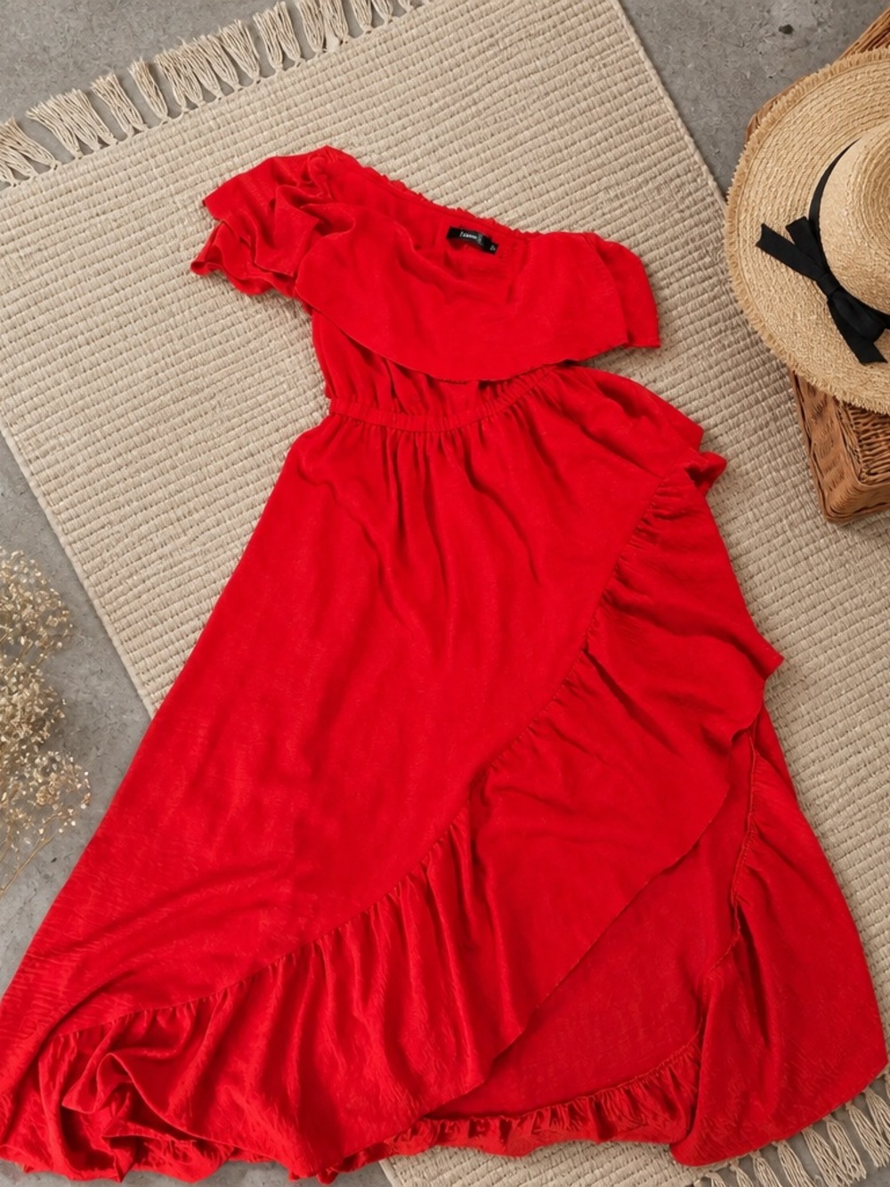 One-Shoulder Red Ruffle Maxi Dress